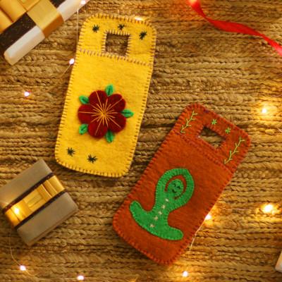 'Set of 2 Handcrafted Yoga-Themed Wool Felt Mobile Cases'