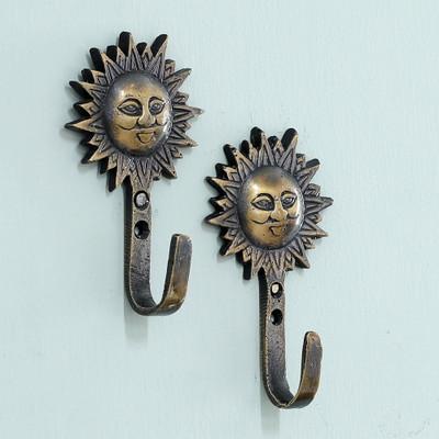 'Sun-Themed Antique-Finished Brass Wall Hooks from India'