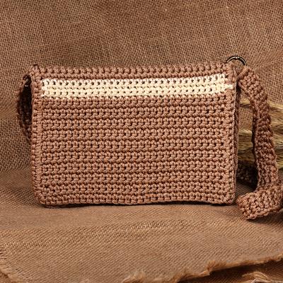 Chic Companion,'Brown and Ivory Crocheted Sling Bag Handcrafted in Armenia'