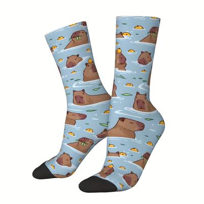 TEMU 1 Pair Of Unisex Harajuku & Vintage Style Novelty Bathing Capybara Pattern Crew Socks, Trendy Graffiti Men Women Socks, Crazy Funny Socks For Gifts