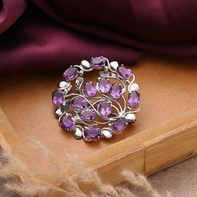 'Vine-Themed Rhodium-Plated 14-Carat Oval Amethyst Brooch Pin'