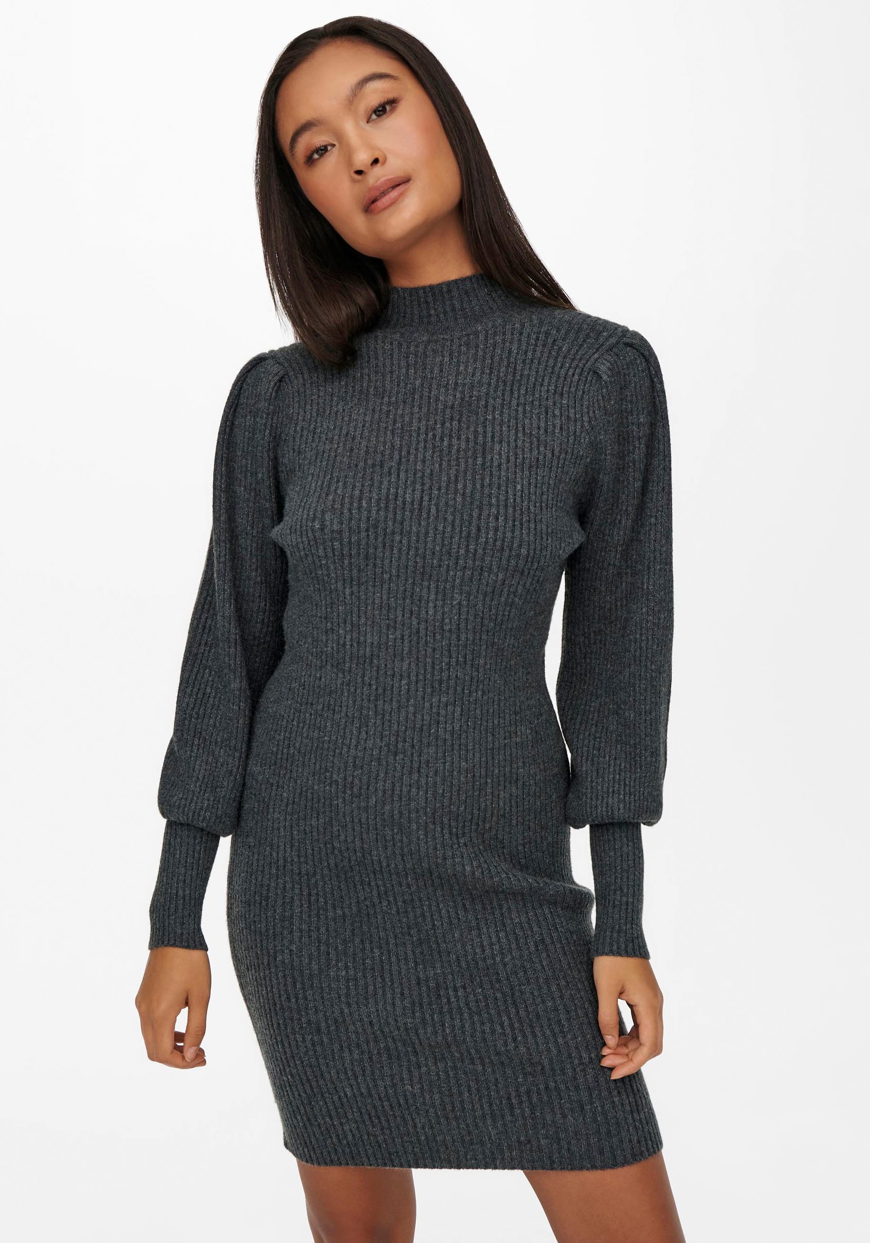 Strickkleid ONLY "ONLKATIA L/S DRESS KNT NOOS", Damen, Gr. L, N-Gr, grau (dunkelgrau melange), Strick, Obermaterial: 50% Viskose, 27% Nylon, 23% Polyester, meliert, regular fit ca. Mitte Oberschenkel, Puffärmel Rippbündchen, Kleider Image