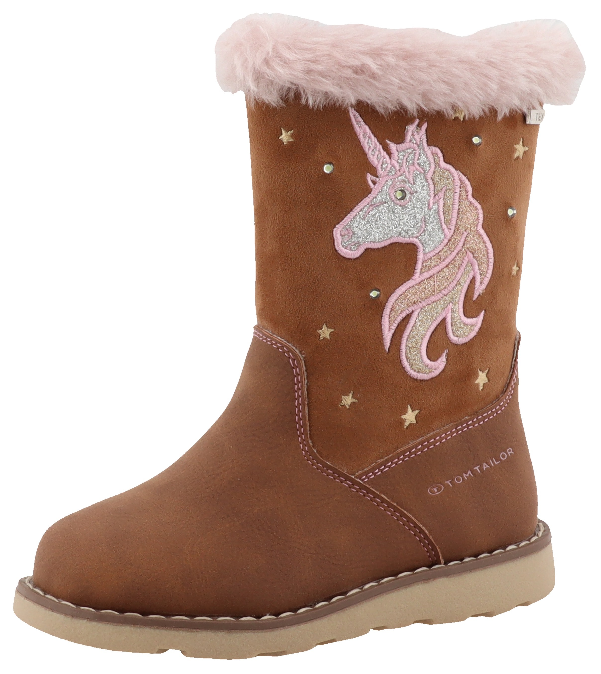 Winterstiefel TOM TAILOR "Blinkschuh", Kinder, Gr. 28, braun (cognac), Lederimitat, Textil, Glitzer, Schuhe, Langschafttstiefel, Kinderstiefel mit blinkendem Einhornmotiv Image