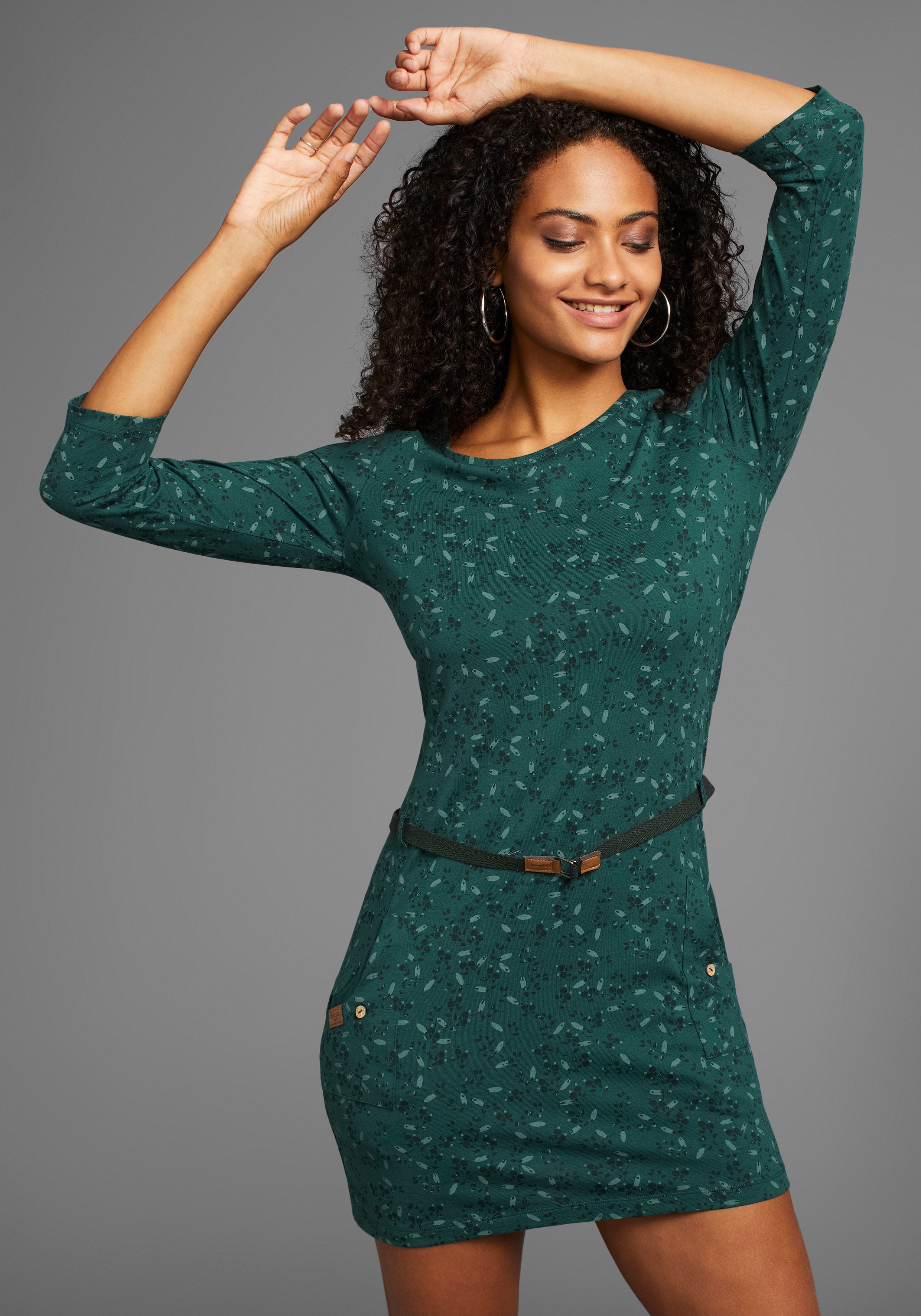 Jerseykleid KANGAROOS, Damen, Gr. 50, N-Gr, grün (dunkelgrün), Single Jersey, Obermaterial: 100% Baumwolle, körpernah mini, Rundhals, Kleider Jerseykleid, mit Allover-Print