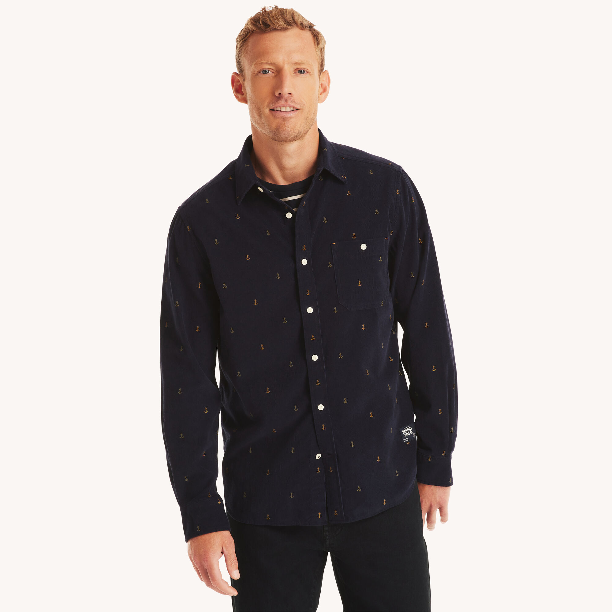 Nautica Men's Corduroy Printed Shirt 482 (Stellar Blue Heather), XXL