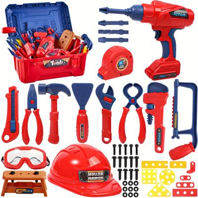 TEMU Kids Tool Set, 53 Pcs Toddler Tool Kit With Tool Box & Electronic Toy Drill, Pretend Play Construction Toy For Boys Girls 3 4 5 6 Years Old, Birthday Christmas Gift