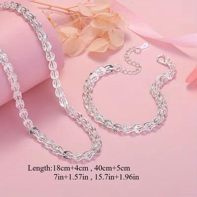 TEMU Elegant 925 Sterling Silvery Jewelry Set - Engraved Chain Bracelet & Necklace For Men And Women, Parties And Weddings