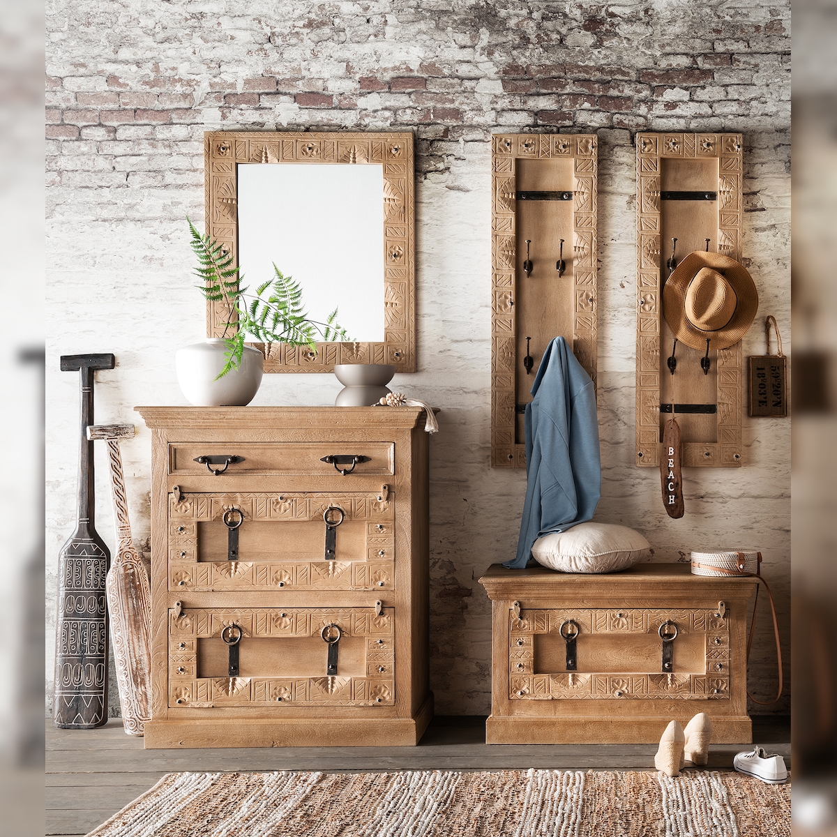 SIT Möbel Dielen-Set aus Mangoholz, 5-tlg., natur lackiert, 2 Schuhschränke, 2 Garderobenpaneele, 1 Spiegel, B 85 x T 45 x H 102 cm, 18001-70,DAIPUR Image