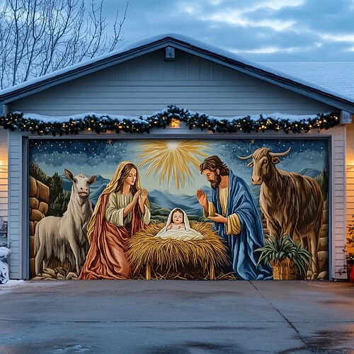 Weihnachts-Garagentorabdeckung für den Außenbereich, Weihnachtsbanner, Weihnachtskrippe, große Weihnachtskulisse, Dekoration für den Urlaub, Garagentor für den Außenbereich, Wanddekoration für Zuhause Image