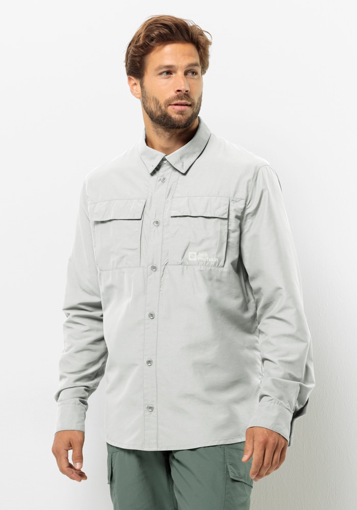 Langarmhemd JACK WOLFSKIN "BARRIER LS SHIRT M", Herren, Gr. L (52), Normalgrößen, grau (cool, grau), OBERSTOFF: 46% POLYAMID, 27% LYOCELL, 27% VISKOSE; Futter: 100% POLYESTER, Hemden