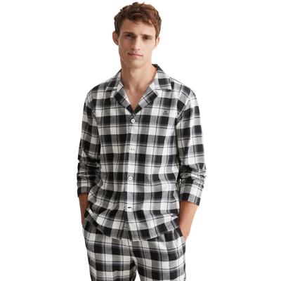 Pyjamaoberteil MARC O'POLO "Homey Flanne", Herren, Gr. L, schwarz (schwarz check), Flanell, Obermaterial: 100% Baumwolle, kariert, casual, regular fit hüftbedeckend, V-Ausschnitt, Langarm, Shirts, Knopfleiste, Langarm, kariert, Logo-Stickerei, Flanell Image
