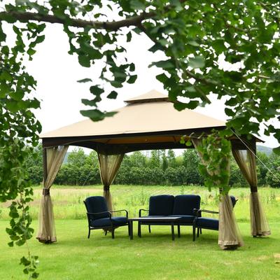 10 ft. x 13 ft. Khaki Metal Frame Soft-top Gazebo with Polyester Double Canopy with Removable Netting