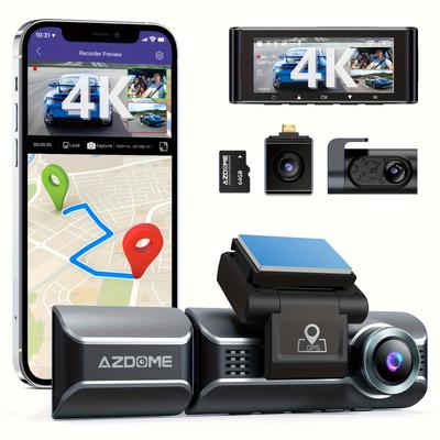 "TEMU Azdome Pro -channel Dash Cam, Front And Rear Inside 2k+1080p+1080p, 3.19"" Ips Screen, , Built-in 5g Wifi And Gps, 64g Card Included, Rear Camera Mirror Flip , 24h Parking Mode"