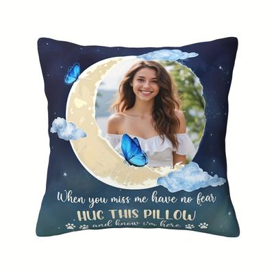 TEMU Personalized Moon & Butterflies Photo Pillow, Plush Polyester Cushion Cover For , Customizable Memorial Gift - Fits 14+ Age Group, Keepsake, Thoughtful Present Without Insert