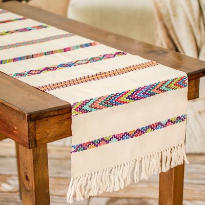 Route to the Sky,'Handloomed Striped Ivory Cotton Table Runner with Fringes'