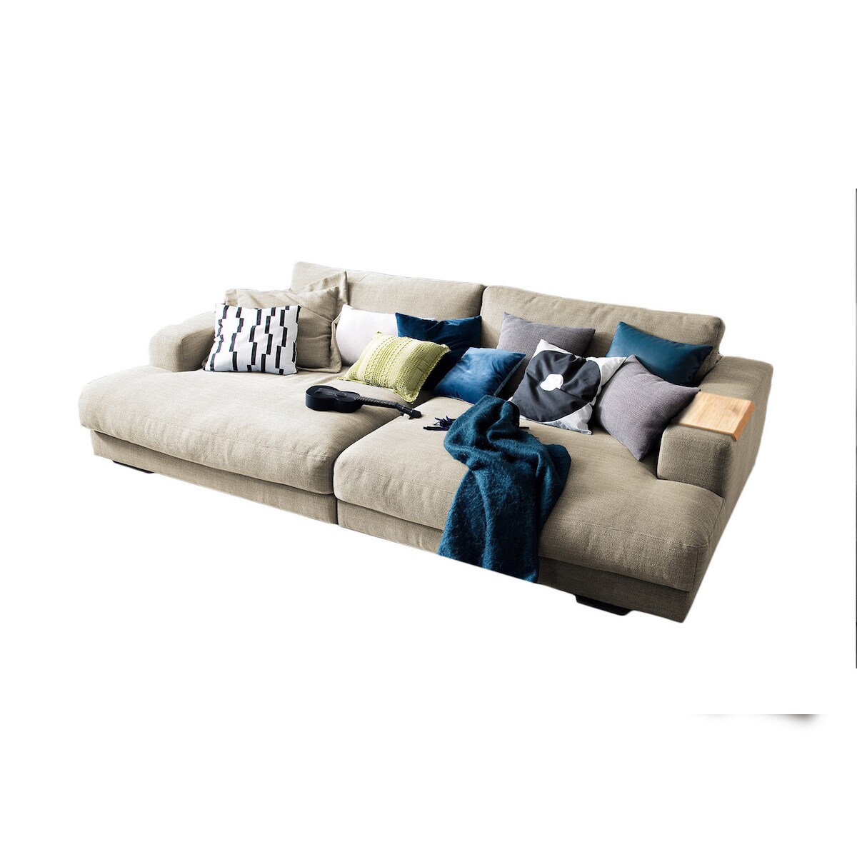 KAWOLA Big Sofa XL MADELINE mit Holztablett natur für Armlehne Stoff cremeweiß Image