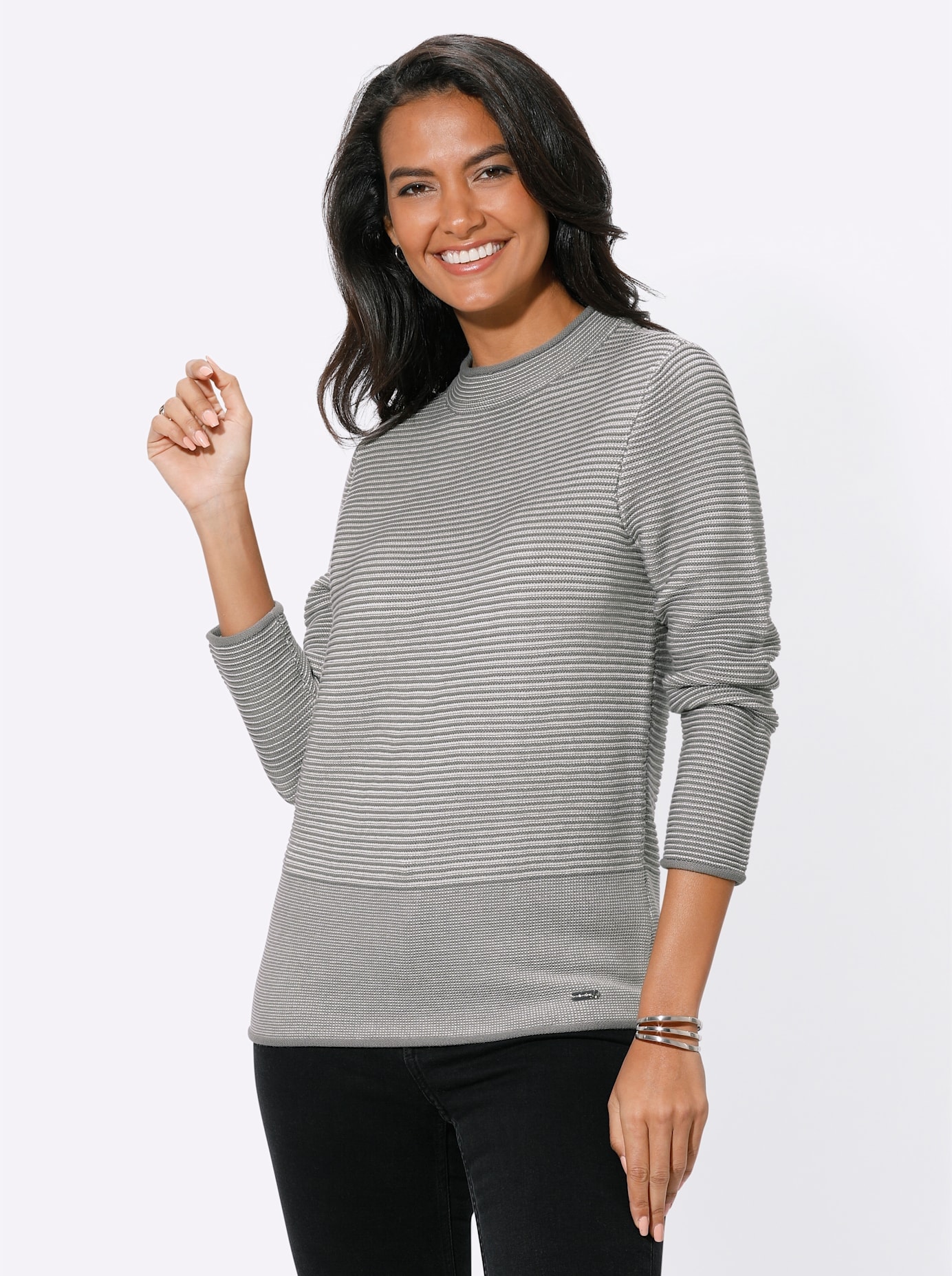 Stehkragenpullover CASUAL LOOKS "Pullover", Damen, Gr. 38, grau (grau, ecru, geringelt), 50% Baumwolle, 50% Polyacryl, gemustert, gestreift, mehrfarbig, Pullover Stehkragenpullover