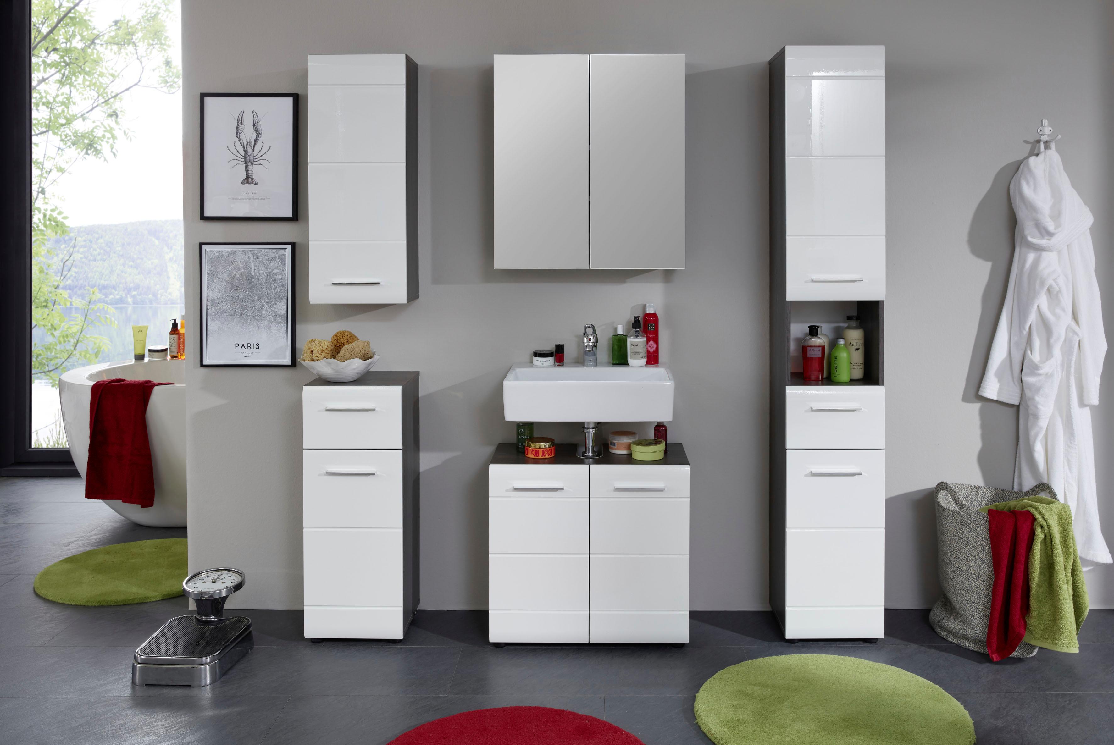 Badmöbel-Set WELLTIME "Sovana", weiß (eichefarben rauchsilber, weiß hochglanz), Holzwerkstoff, Kastenmöbel-Sets, Badmöbel-Set, Badezimmermöbel mit Fronten in Hochglanz und chromglänzenden Griffen