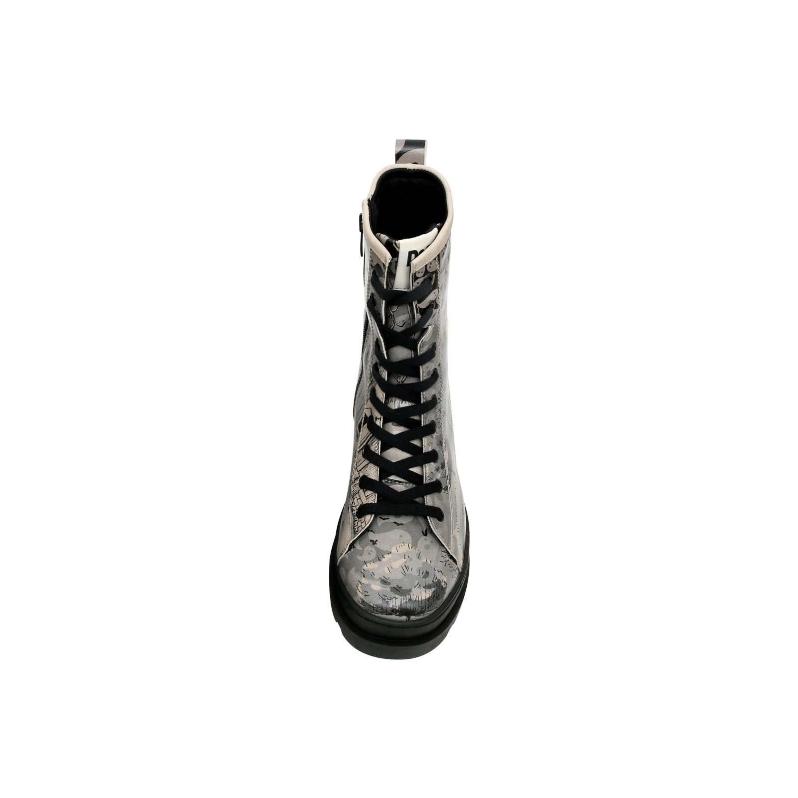 Stiefelette DOGO "Gisele Schnürstiefel Boots Spooky Town Damen Stiefeletten", Damen, Gr. 38, Normalschaft, schwarz-weiß (grau), Lederimitat, Schuhe Schnürboots, Handgefertigt