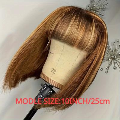 TEMU Short Bob Highlight Human Hair Wig With Bangs Brazilian Ombre Colored Honey Blonde Fringe Human Hair Bob Wigs For Women 180% P4/27