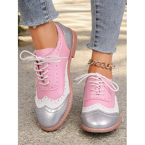 scarpe oxford multicolor da donna, design retrò a punta con pannelli verdi, rosa e viola, brogue casual con lacci per la moda e l'uso quotidiano