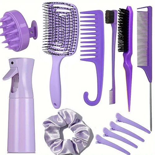 12-teiliges komplettes Haar-Styling-Kamm-Set – vielseitiges Entwirren Toupierkämme, Kanten Rattenschwanzbürsten, Kopfhautmassagegerät, Sprühflasche – ideal für alle Haartypen Täglicher Gebrauch