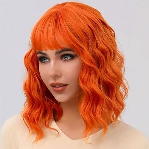 Perücke mit Pony, kurze, gewellte Perücken für Frauen, schulterlange, lockige Bob-Perücken, hitzebeständige Kunsthaarperücken für Halloween, Cosplay, den täglichen Gebrauch auf Partys Image