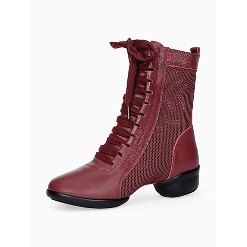 Rote Tanzstiefel zum Schnüren für Damen mit Mesh-Einsätzen und niedrigem Absatz, ideal für Jazz-, Gesellschafts- und lateinamerikanische Tanzvorführungen Image