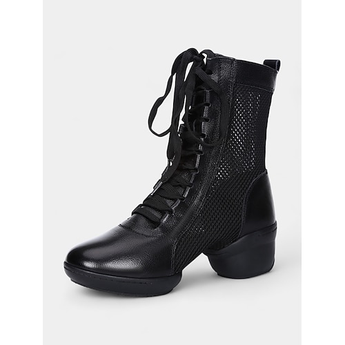 Rote Tanzstiefel zum Schnüren für Damen mit Mesh-Einsätzen und niedrigem Absatz, ideal für Jazz-, Gesellschafts- und lateinamerikanische Tanzvorführungen Image