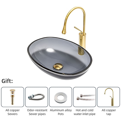 Aufsatzwaschbecken fürs Badezimmer, Waschbecken aus gehärtetem Glas, Aufsatzwaschbecken mit Wassertropfen-Wasserhahn und Pop-up-Ablaufgarnitur Image