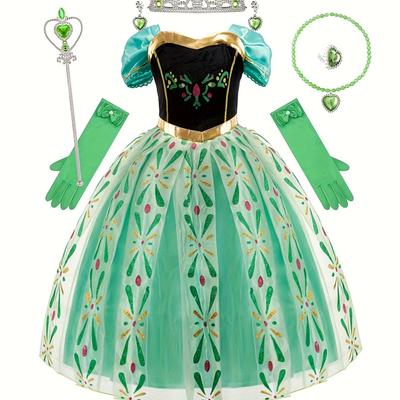 TEMU Girls Stylish Fairy Tale Princess Dress Up Outfit, Short Sleeve Floral Pattern Mesh Tutu Dress & Gloves & Accessories For Party & Birthday As Gifts