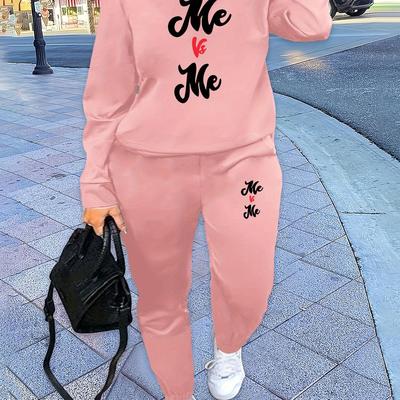 TEMU Vintage-inspired Cozy Fleece Lined Sweatshirt & Joggers Set For Women - Casual Crew Neck, Letter Print, Machine Washable