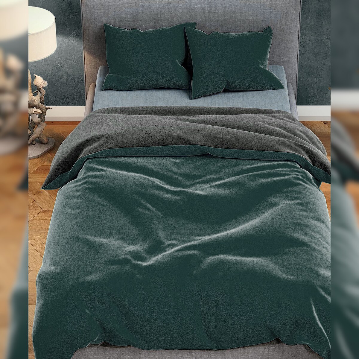 Leonado Vicenti Teddyplüsch Winter Bettwäsche Dunkelgrün Anthrazit 135x200cm 2 teilig Uni Image