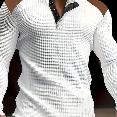 TEMU Casual Crew Neck Waffle Knit Henley Shirt For Men With Color And Button Details, Polyester 100%, Long Sleeve, Stretch Fabric For Spring/fall, Regular Top Image