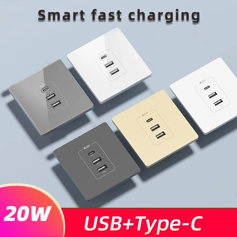 86*86 type 20W avec prise de courant murale type-c 220V commutateur de panneau de charge rapide avec prise adaptateur de charge intelligente pour téléphone portable usb