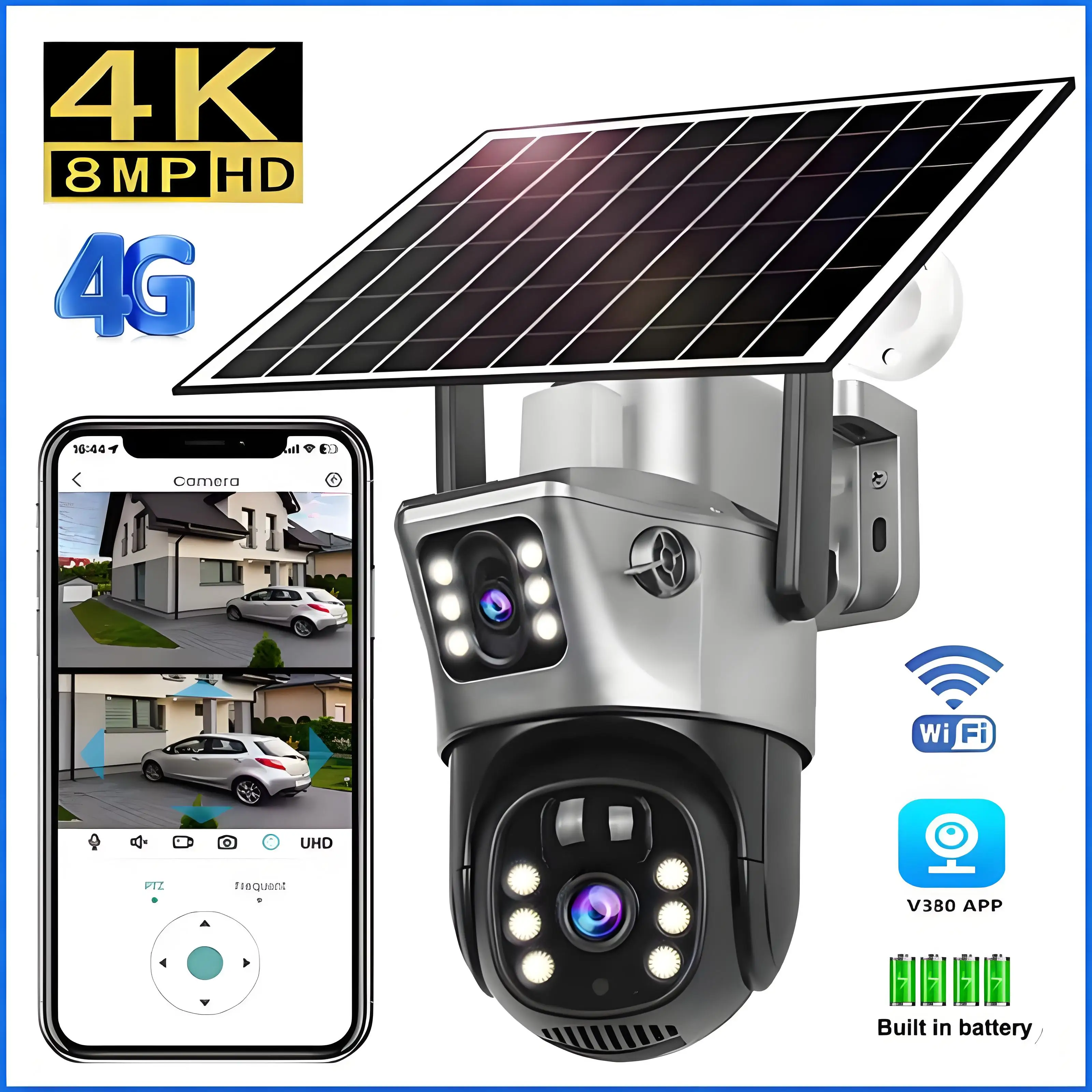 Telecamera esterna solare WiFi wireless 4K 8MP Doppia lente 4G Sim Telecamera di sorveglianza IP PIR Visione notturna Rilevazione mobile Sicurezza CCTV
