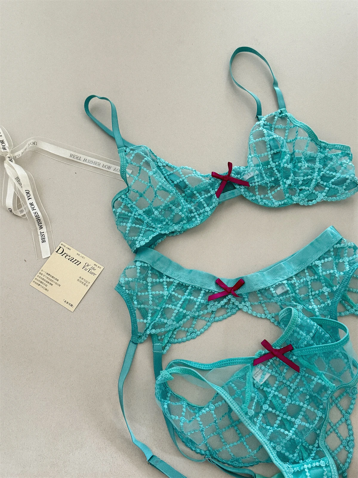 Meerjungfrau blau dreiteilige Dessous Set aus dünnen großen Brust Unterwäsche sexy Spitze BH atmungsaktive romantische BHs mit Unterhose Anzug Image