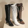 Frauen Viktorianischen Spitz Mitte Der Wade Stiefel Leder Spitze Aushöhlen Punk Lace Up Seltsame Steampunk High Heel Schuhe Plus größe 32-43
