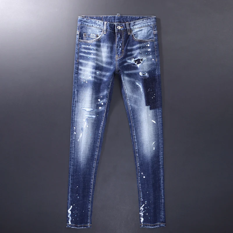 High Street Fashion Männer Jeans Retro Blau Stretch Skinny Fit Gemalt Zerrissene Jeans Männer Vintage Designer Marke Denim Hosen Hombre