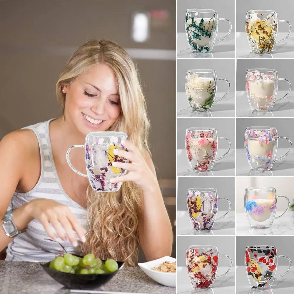 Getrocknete Blumen doppelwandige Kaffeetasse 350ml getrocknete Blumen Glas becher einzigartige kreative Blumen becher mit Griff Anti-Verbrühungs becher Image