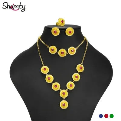 Shamty Trendy Reine Gold Farbe Rot Blau Grün Stein Afrikanische Gold Sets für Frau Äthiopischen