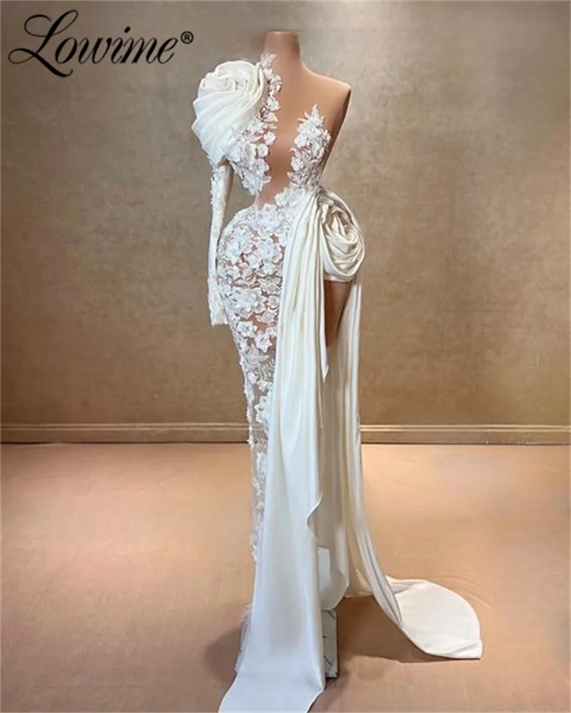 Sexy Spitze Blume Geburtstags feier Kleid hoch gespaltene Seite maßge schneiderte Anlass Kleider 2024 eine Schulter Abendkleider Robe de Soiree