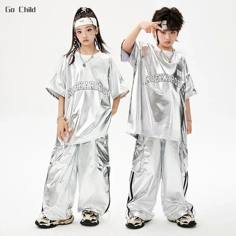 Jungen Hip Hop Silber T-shirt Street Dance K-pop Cargo Hosen Mädchen PU Leder Kleidung Set Kind Shiny Streetwear kinder Jazz Kostüm