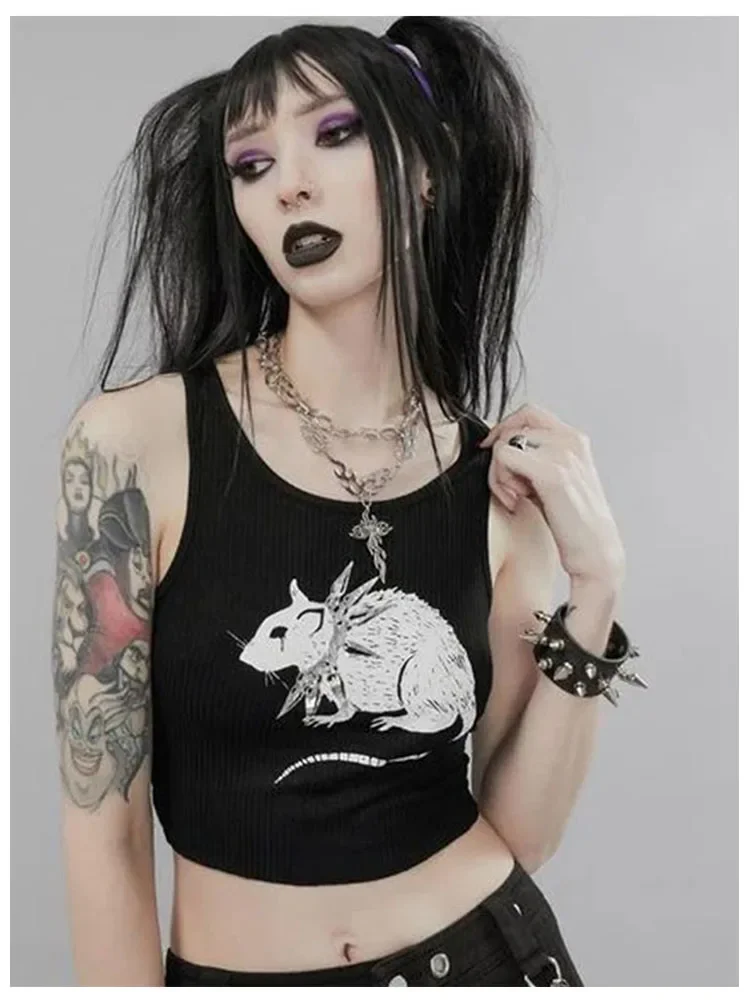 Maus druck schwarz Tank Goth sexy Bodycon kurze Tops Frauen Streetwear Harajuku o Hals gestrickt Basic Tank Top Image