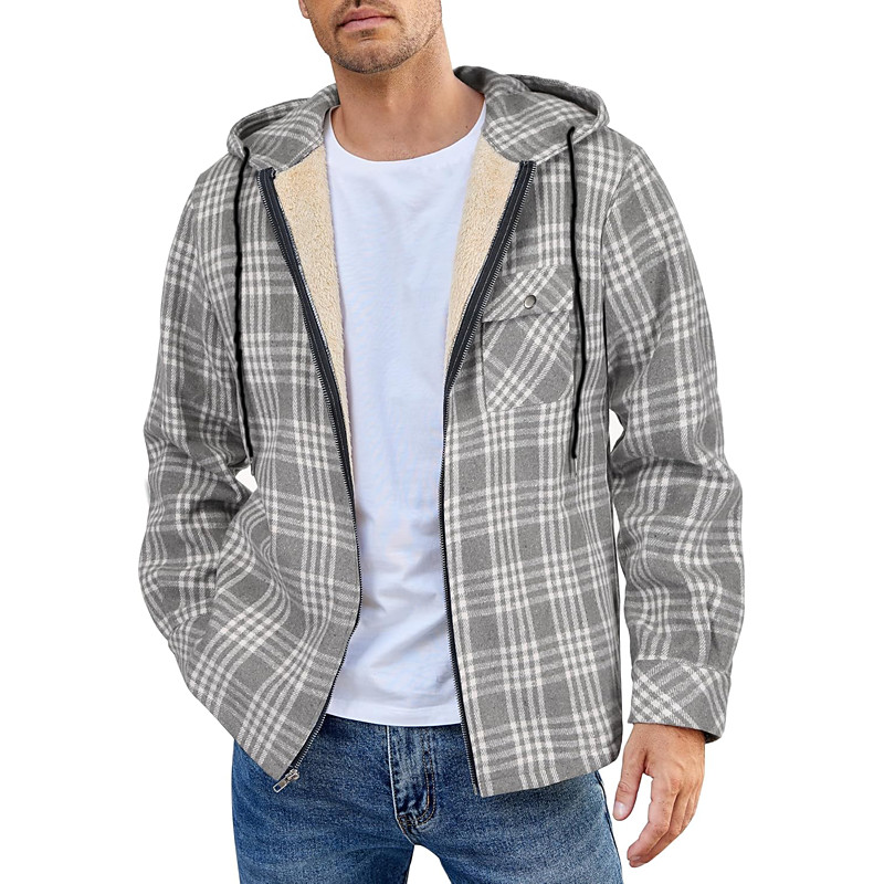 Men's Shirt Jacket Hoodied Jacket Shacket Flannel Fleece Jacket Daily Vacation Thermal Warm Hooded Fall Winter Plaid Checkered Fashion Streetwear Lapel Regular Black Dark Red Light Green Red Blue