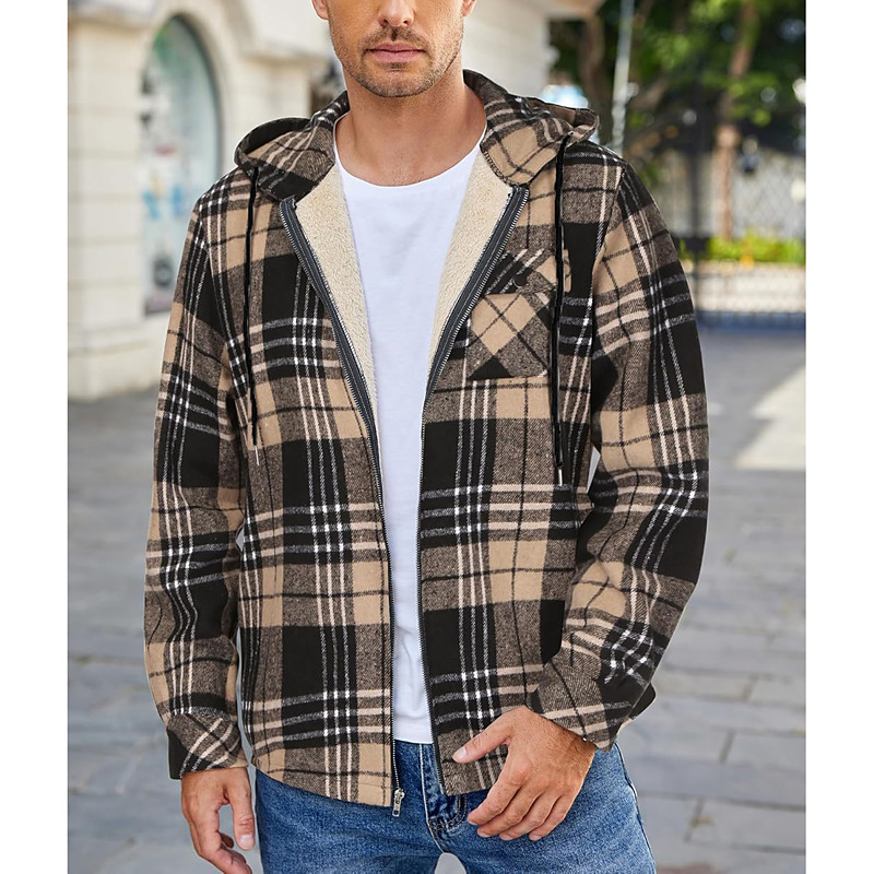 Men's Shirt Jacket Hoodied Jacket Shacket Flannel Fleece Jacket Daily Vacation Thermal Warm Hooded Fall Winter Plaid Checkered Fashion Streetwear Lapel Regular Black Dark Red Light Green Red Blue