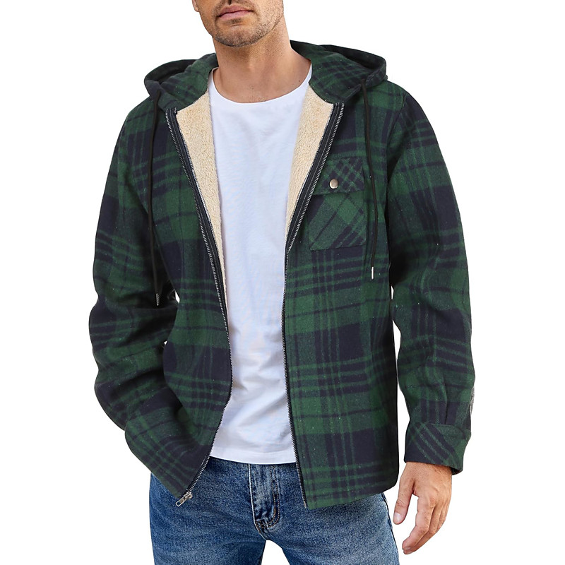 Men's Shirt Jacket Hoodied Jacket Shacket Flannel Fleece Jacket Daily Vacation Thermal Warm Hooded Fall Winter Plaid Checkered Fashion Streetwear Lapel Regular Black Dark Red Light Green Red Blue