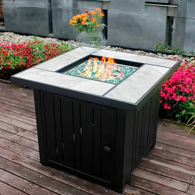 Propane Pit with Real Ceramic Tabletop, 50000 BTU Gas Pit Table, Outdoor Pit with Lid and Glass