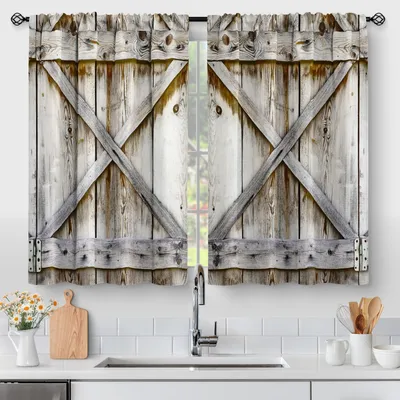 2 Panel Farmhouse Country Wood Kitchen Curtains, Wooden Barn Door Vintage Short Tier Curtains Over