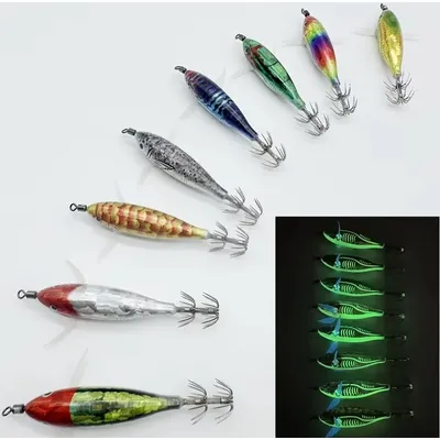 1/5/10Pcs Laser Luminous Squid Jig Hooks 5.5g Horizontal Wood Shrimp Squid Jigging Shrimp Hook